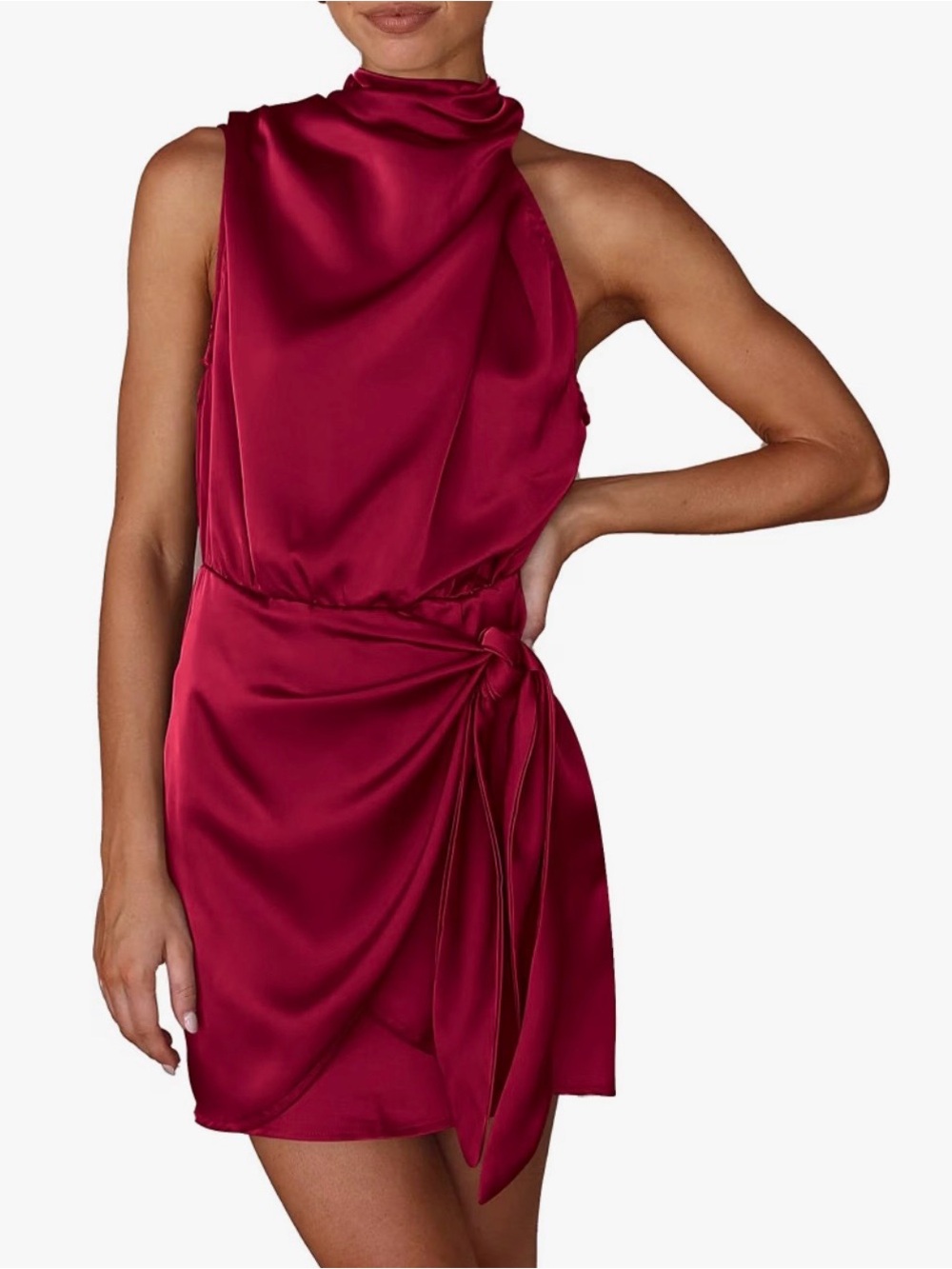 Sleeveless Satin Mini Dress with Side Tie - Burgundy